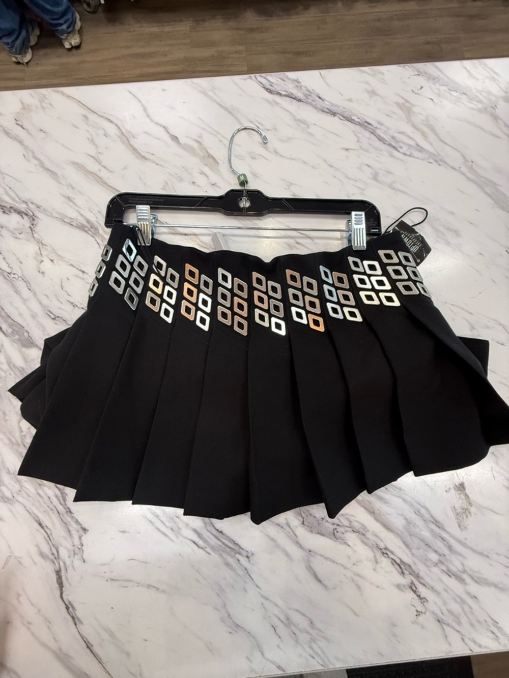 Black Pleated Mini Skirt with Silver Square Embellishments